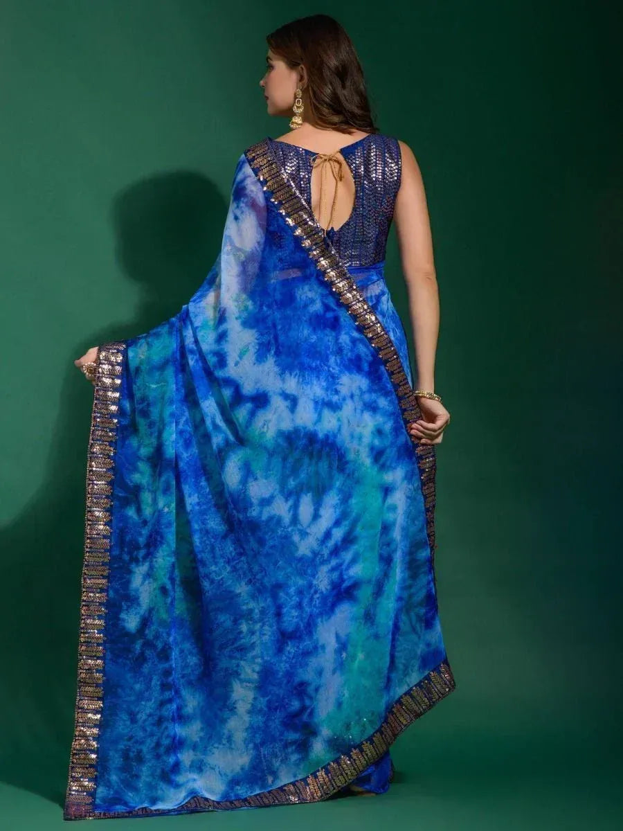 Blue tie-dye saree with sequin border and back-tie blouse, Indian ethnic wear