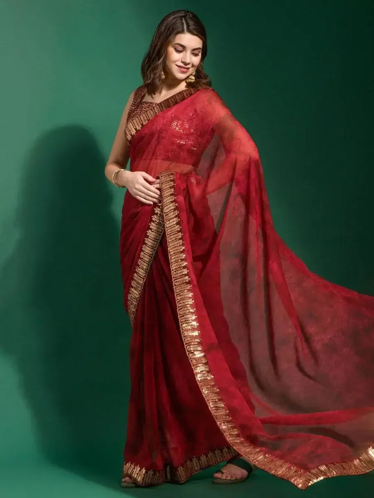 Captivating Red Sequins Border Chiffon Festive Wear Saree With Blouse