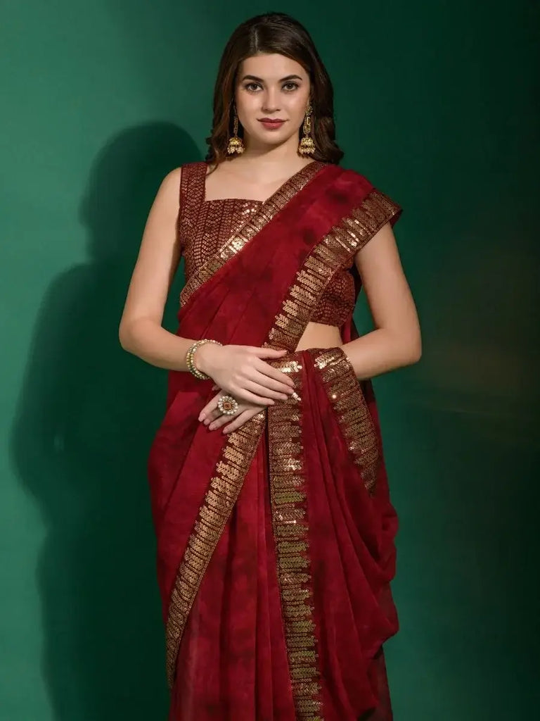 Captivating Red Sequins Border Chiffon Festive Wear Saree With Blouse
