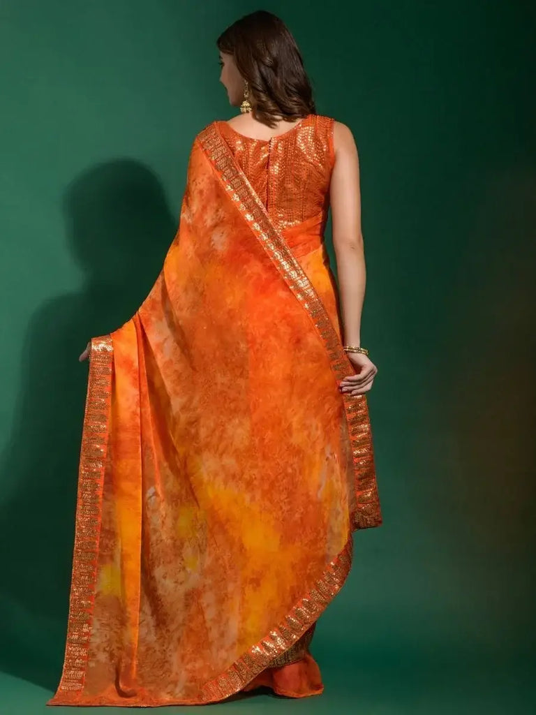 Magnificent Orange Sequins Border Chiffon Saree With Blouse