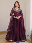 Alluring Wine Sequins Silk Festive Wear Gown With Dupatta