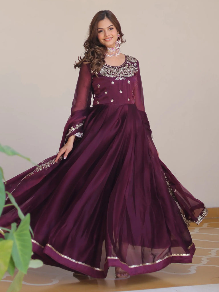 Alluring Wine Sequins Silk Festive Wear Gown With Dupatta