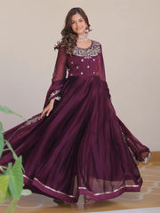 Alluring Wine Sequins Silk Festive Wear Gown With Dupatta