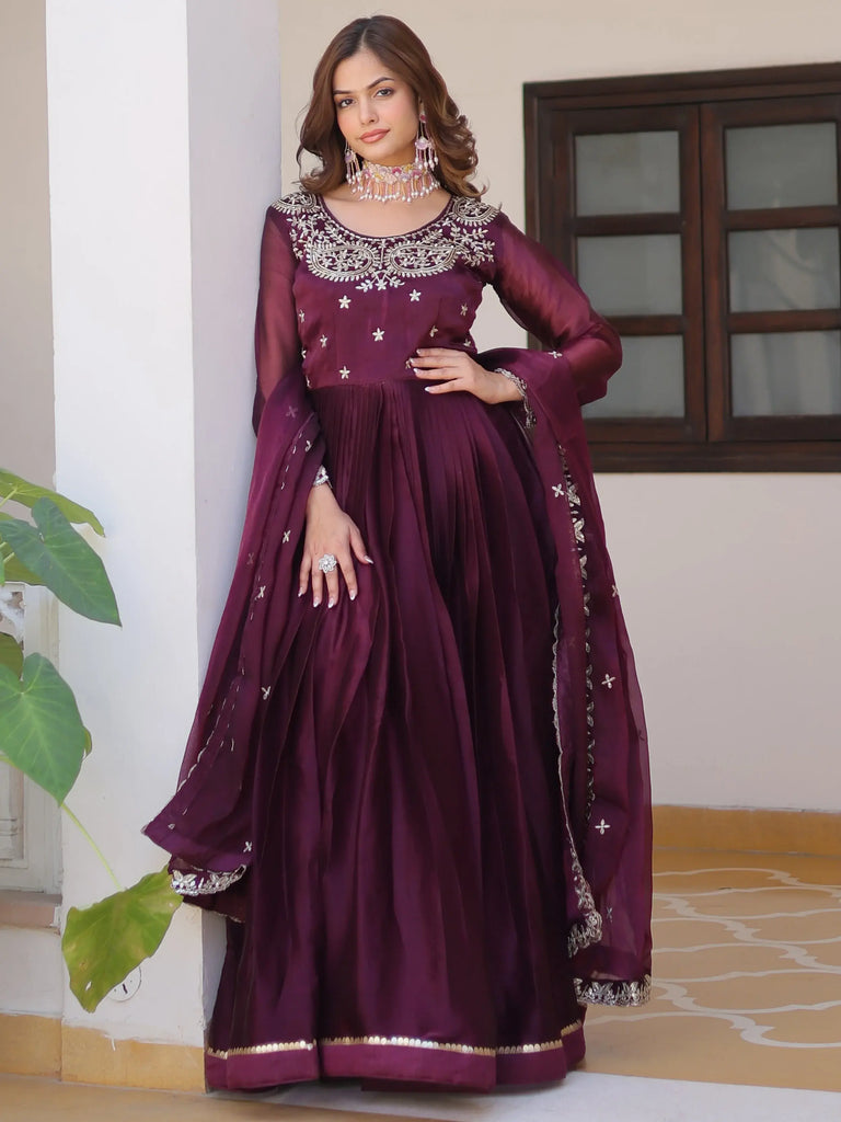Alluring Wine Sequins Silk Festive Wear Gown With Dupatta