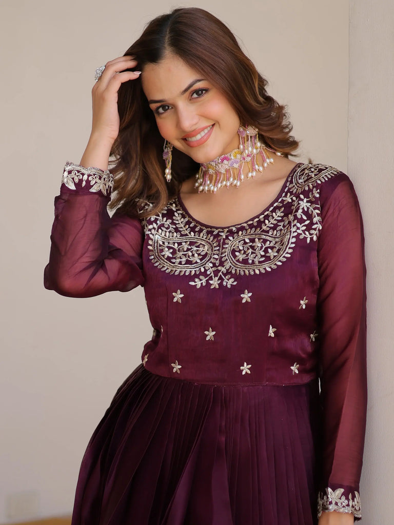 Alluring Wine Sequins Silk Festive Wear Gown With Dupatta