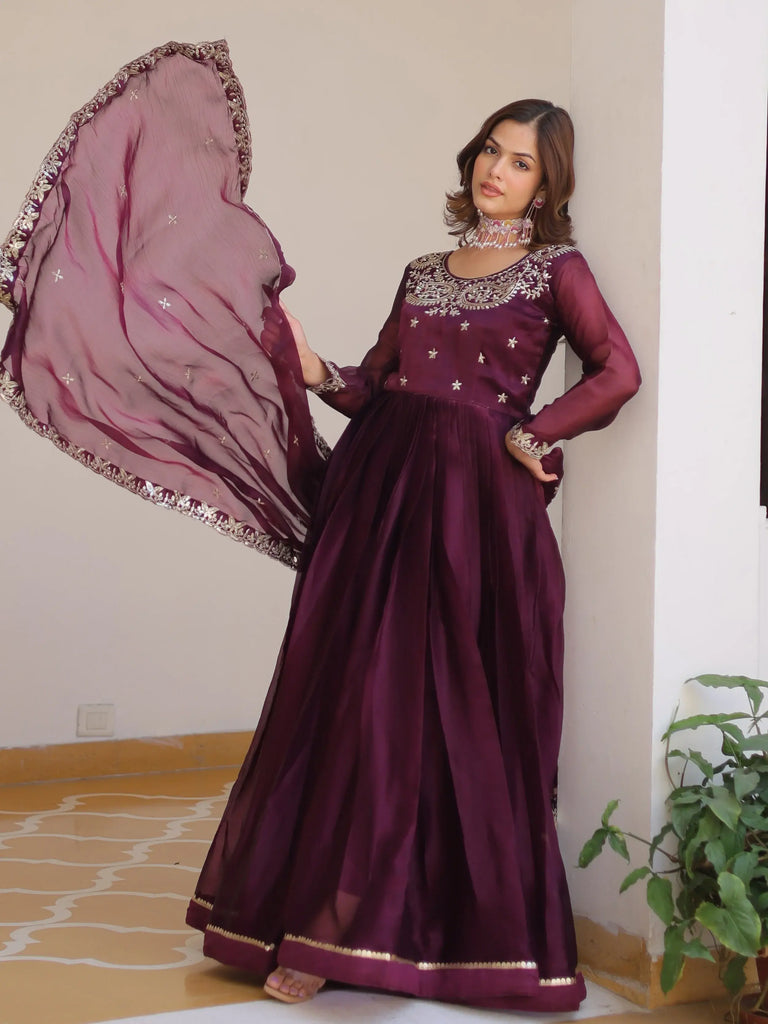 Alluring Wine Sequins Silk Festive Wear Gown With Dupatta