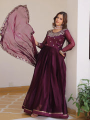 Alluring Wine Sequins Silk Festive Wear Gown With Dupatta