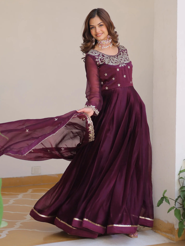 Alluring Wine Sequins Silk Festive Wear Gown With Dupatta