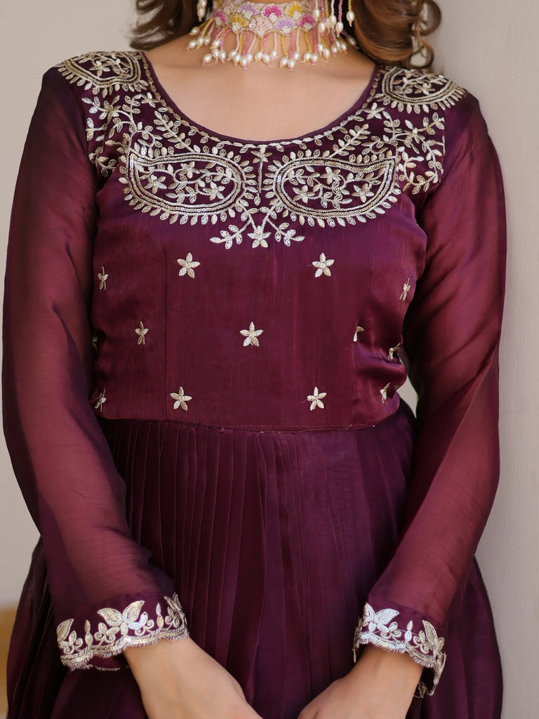 Alluring Wine Sequins Silk Festive Wear Gown With Dupatta