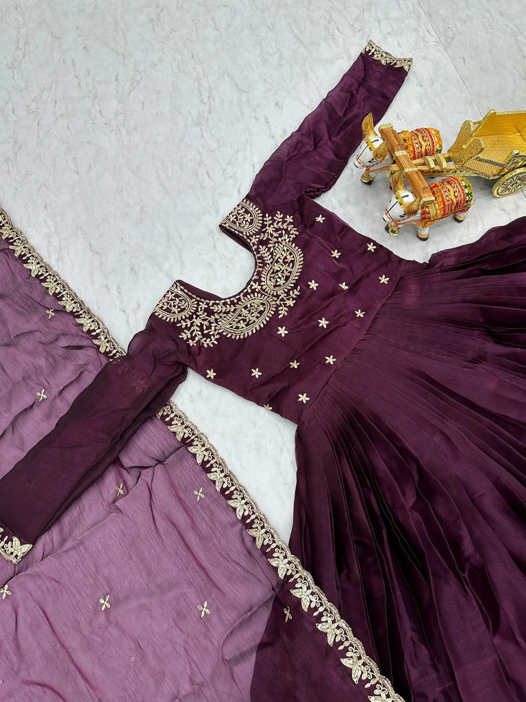 Alluring Wine Sequins Silk Festive Wear Gown With Dupatta