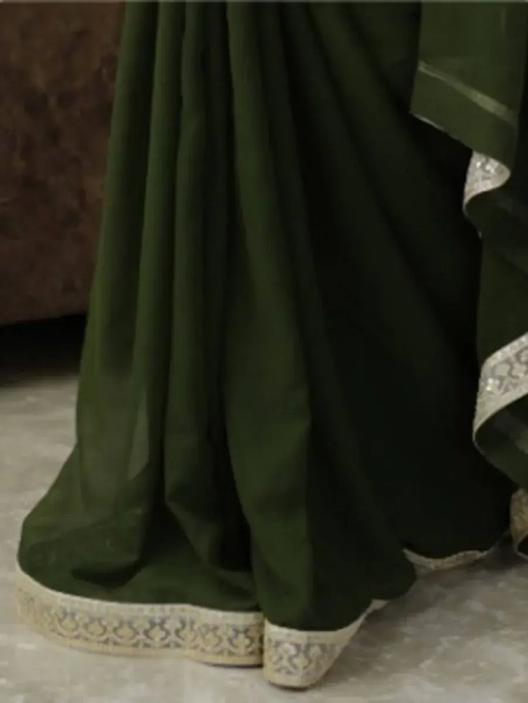 Desirable Mehendi Green Georgette Embroidered Border Party Wear Saree