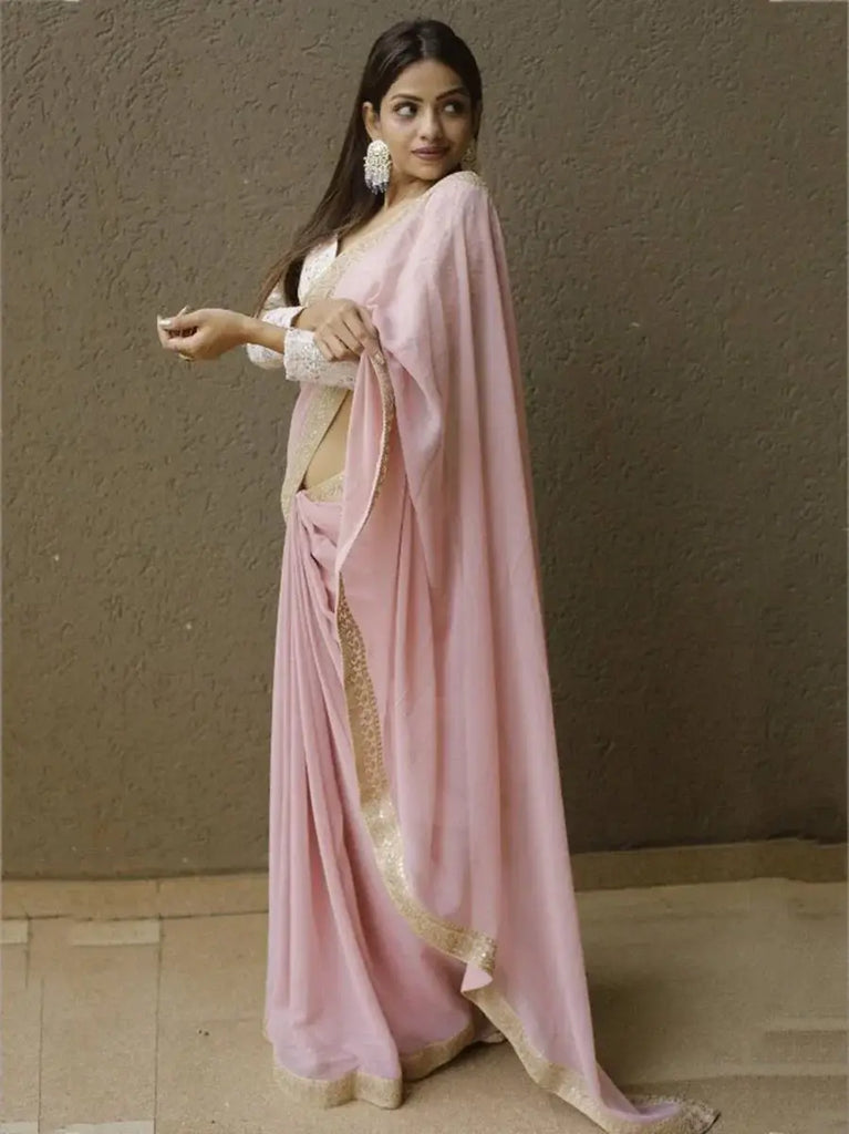 Captivating Pink Georgette Embroidered Marriage Wear Saree With Choli