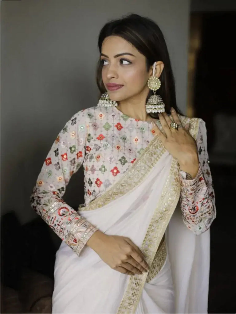 Superb Cream Georgette Embroidered Border Reception Wear Saree