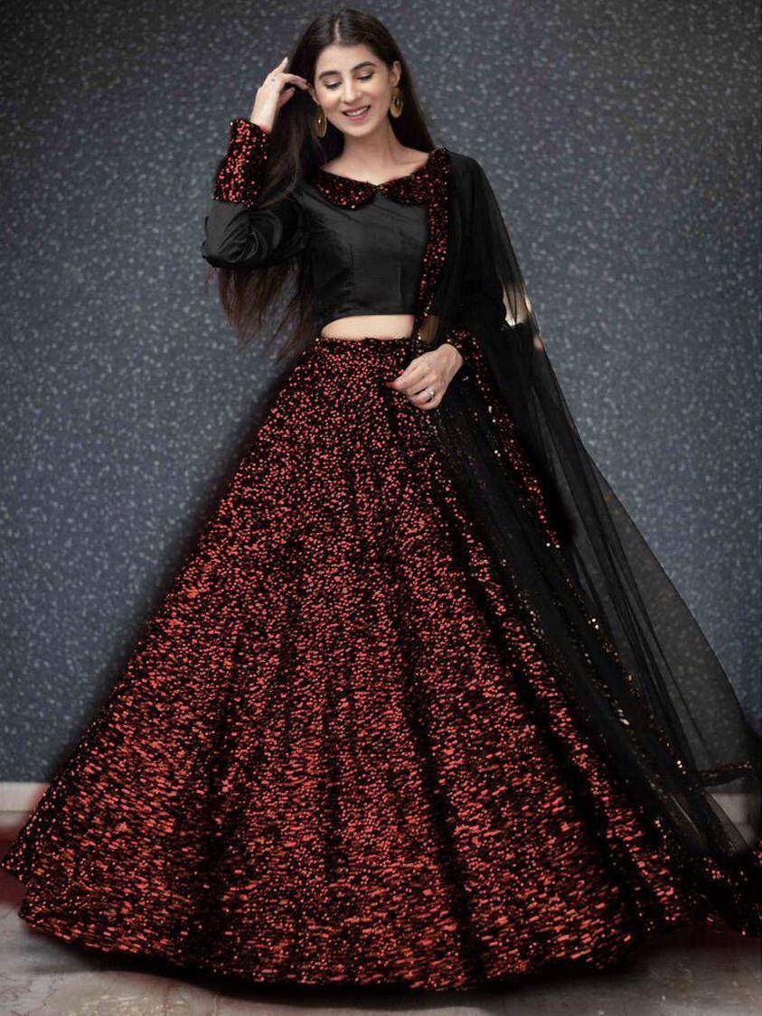 Black and red sequin lehenga choli with sheer dupatta, Indian ethnic wear for weddings and parties