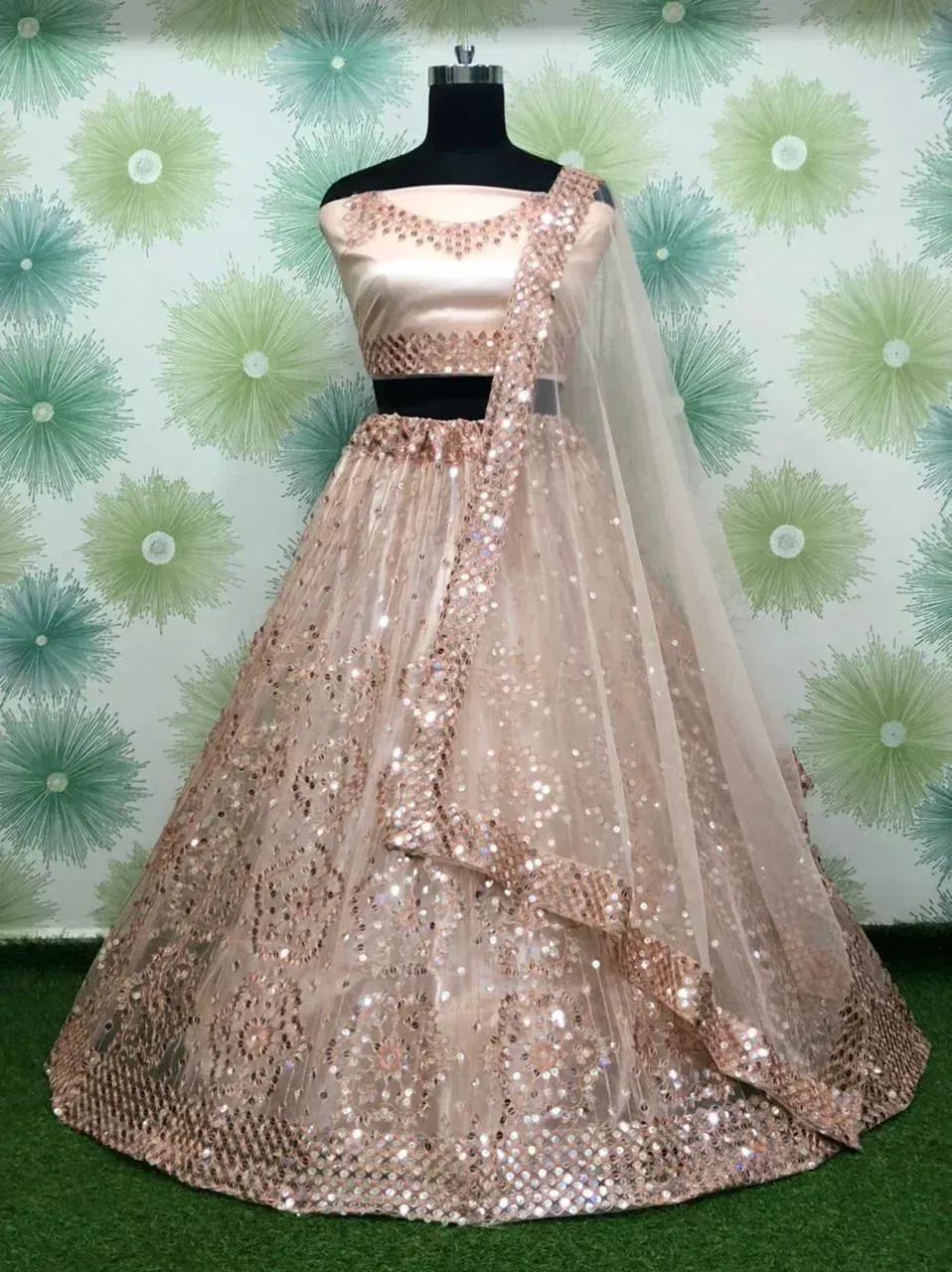 Pink sequin lehenga choli with off-shoulder blouse and sheer dupatta, Indian ethnic wear