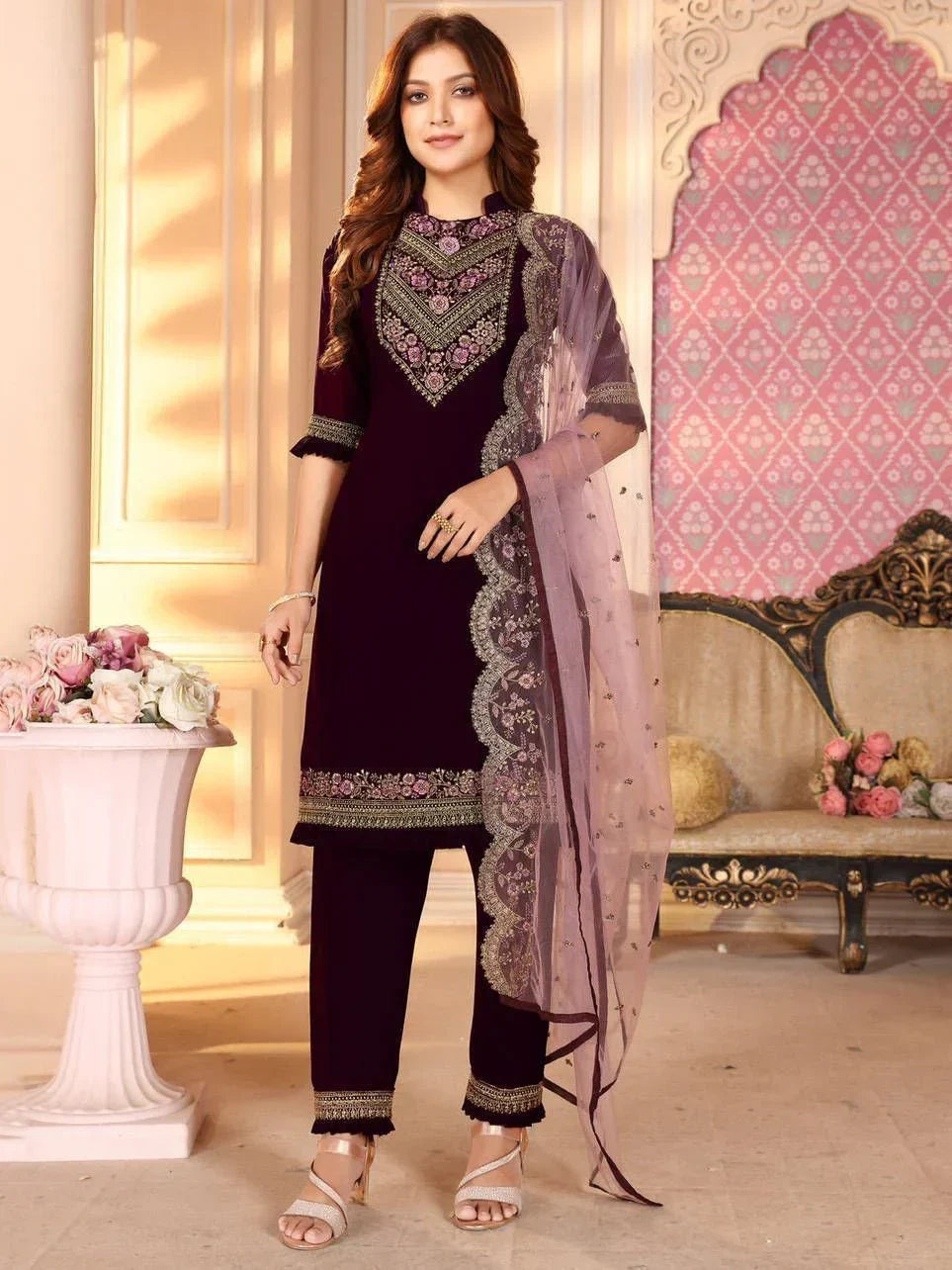 Woman in maroon embroidered salwar kameez with dupatta, Indian ethnic wear fashion