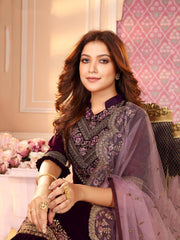 Wine Embroidered Georgette Festival Wear Straight Pant Suit
