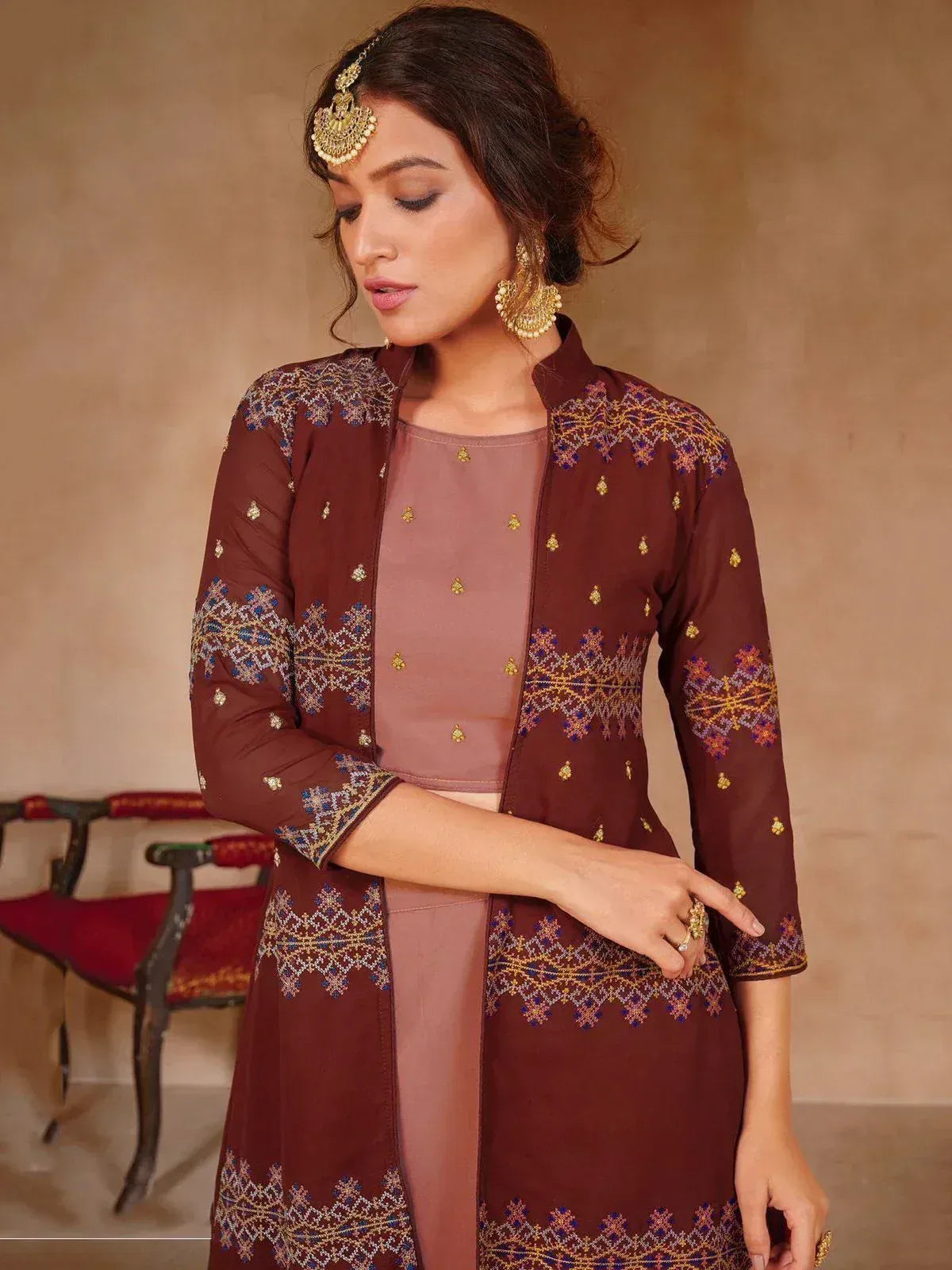 Elegant maroon embroidered ethnic kurti with gold and blue detailing, paired with matching dupatta