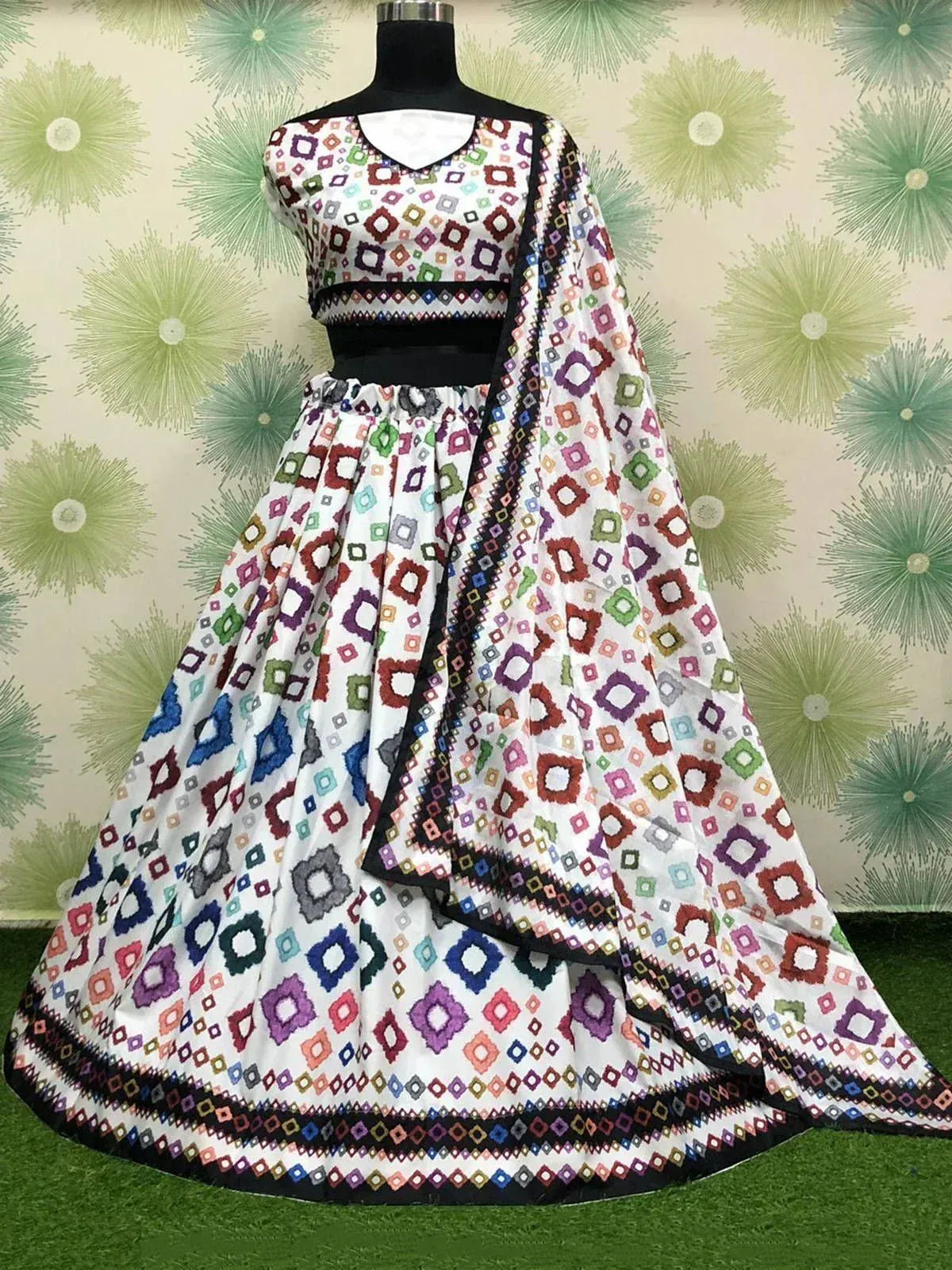 Colorful geometric print lehenga choli with dupatta, Indian ethnic wear for women