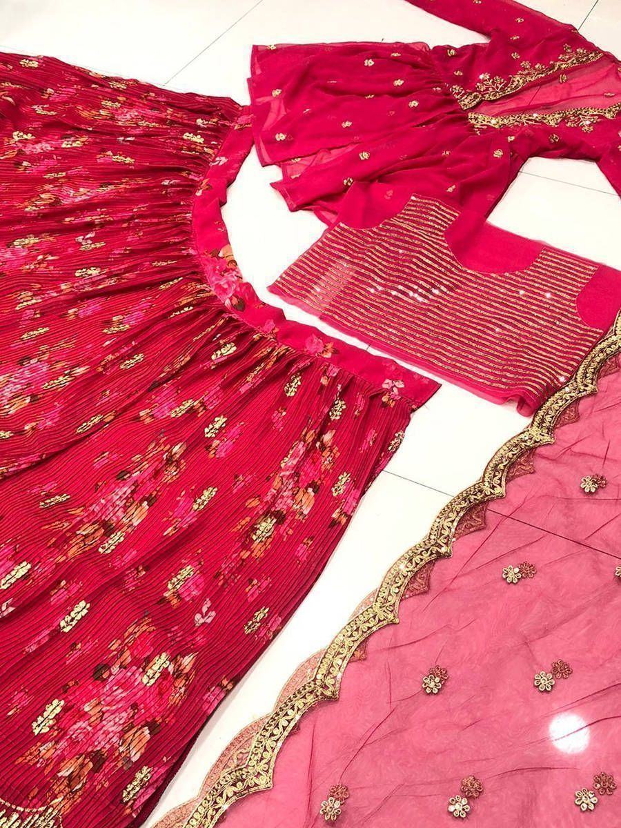 Attractive Pink Printed Georgette Silk Party Wear Lehenga Choli
