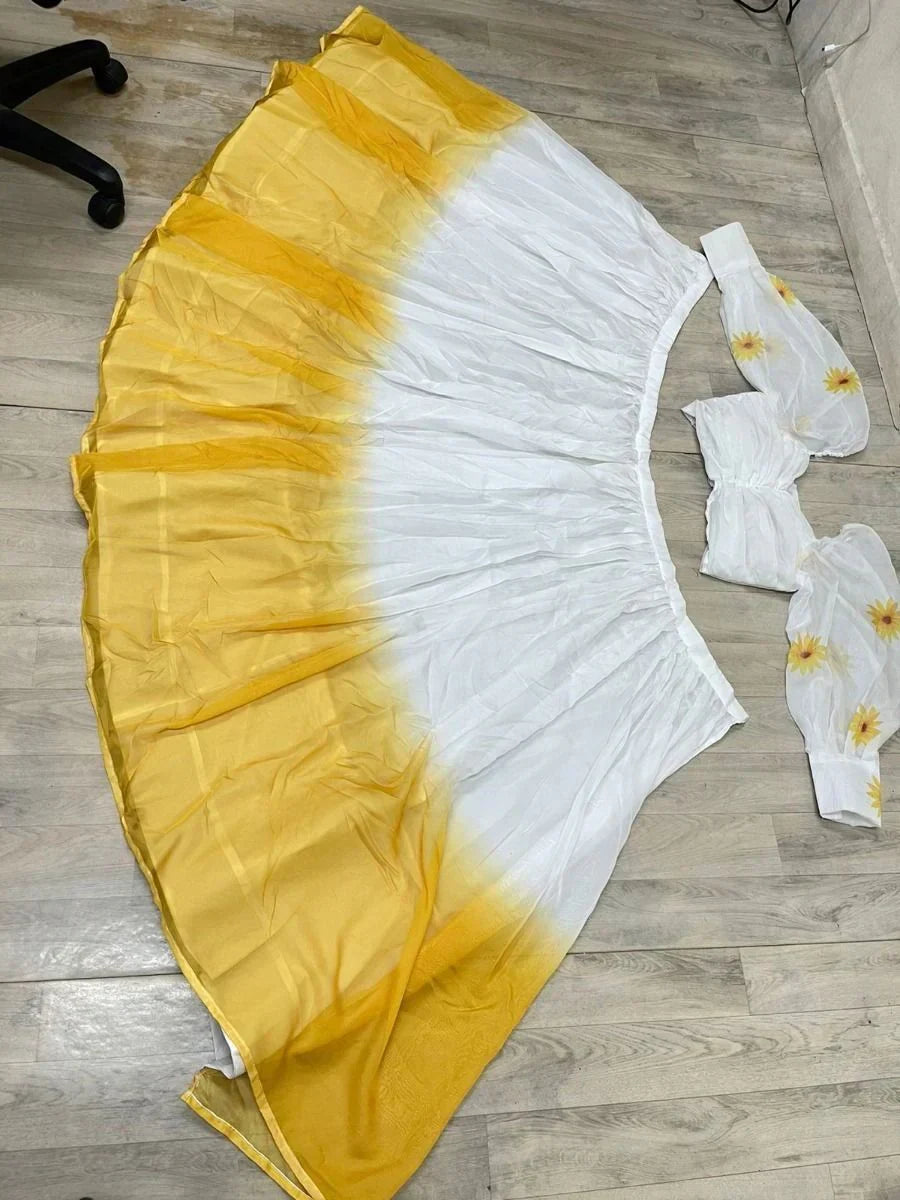 Delightful Yellow And White Organza Digital Print Lehenga Choli