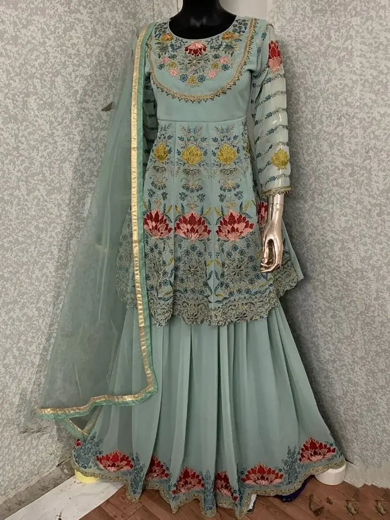 Beautiful Sea-Blue Thread Embroidered Short Anarkali Sharara Suit