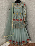 Beautiful Sea-Blue Thread Embroidered Short Anarkali Sharara Suit