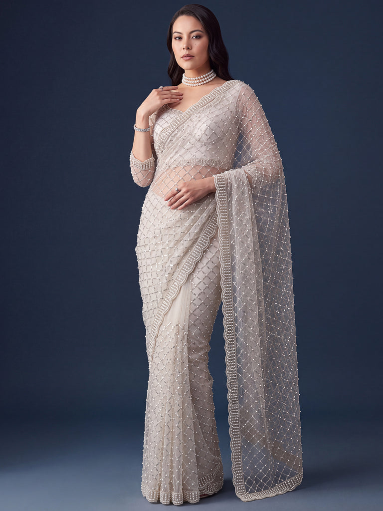 Wondrous White Pearl Work Net Sangeet Wear Saree With Blouse