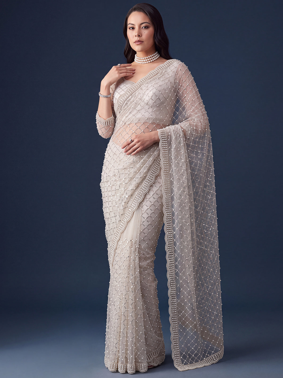 Wondrous White Pearl Work Net Sangeet Wear Saree With Blouse