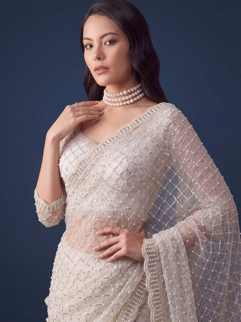 Wondrous White Pearl Work Net Sangeet Wear Saree With Blouse