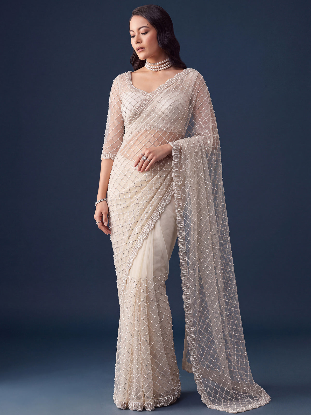 Wondrous White Pearl Work Net Sangeet Wear Saree With Blouse