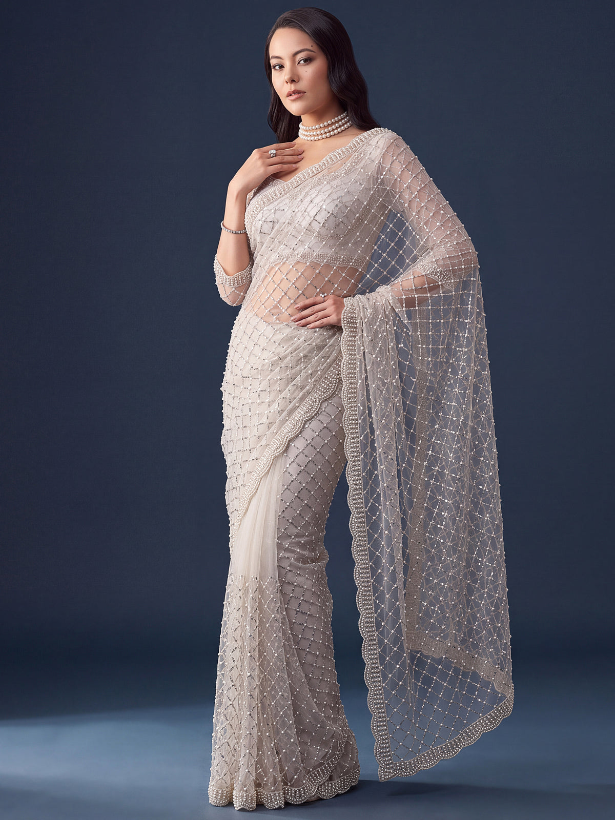 Wondrous White Pearl Work Net Sangeet Wear Saree With Blouse