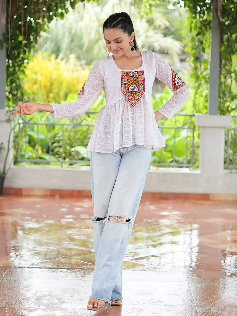 Timeless White Georgette Patch Work Navratri Wear Peplum Top