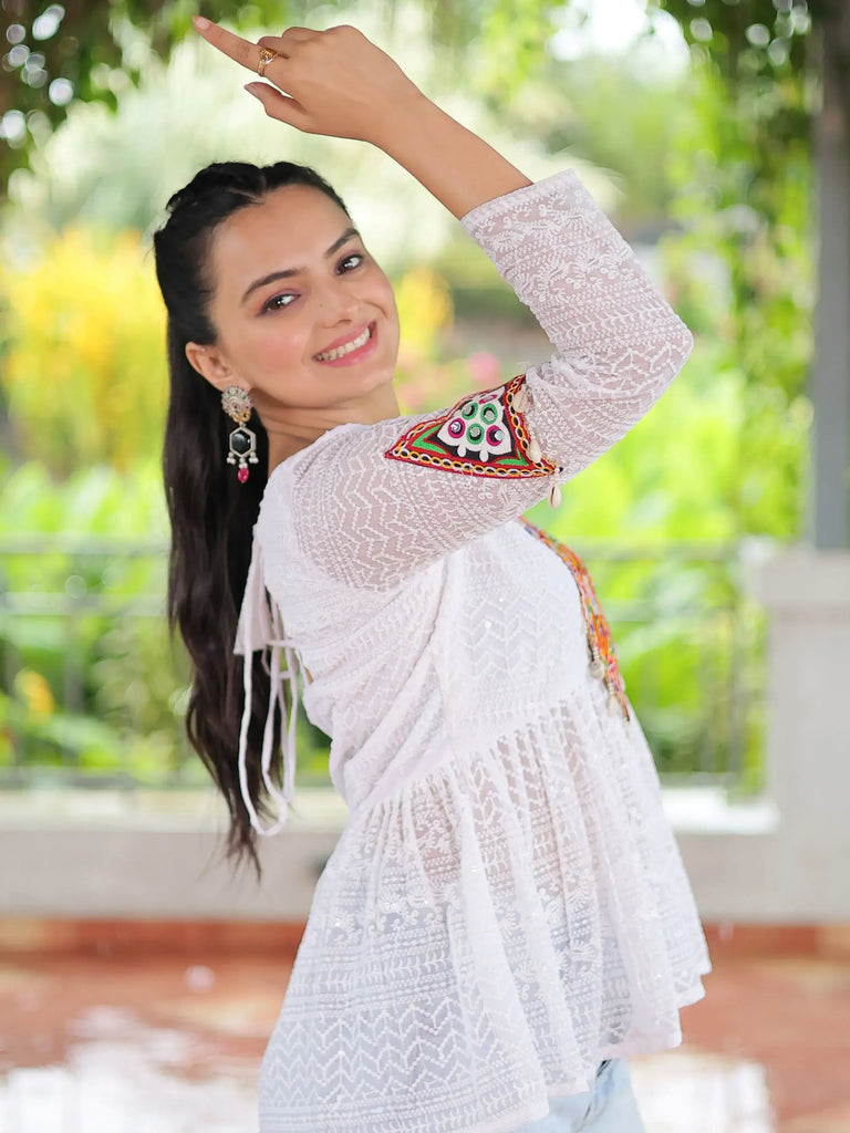 Timeless White Georgette Patch Work Navratri Wear Peplum Top