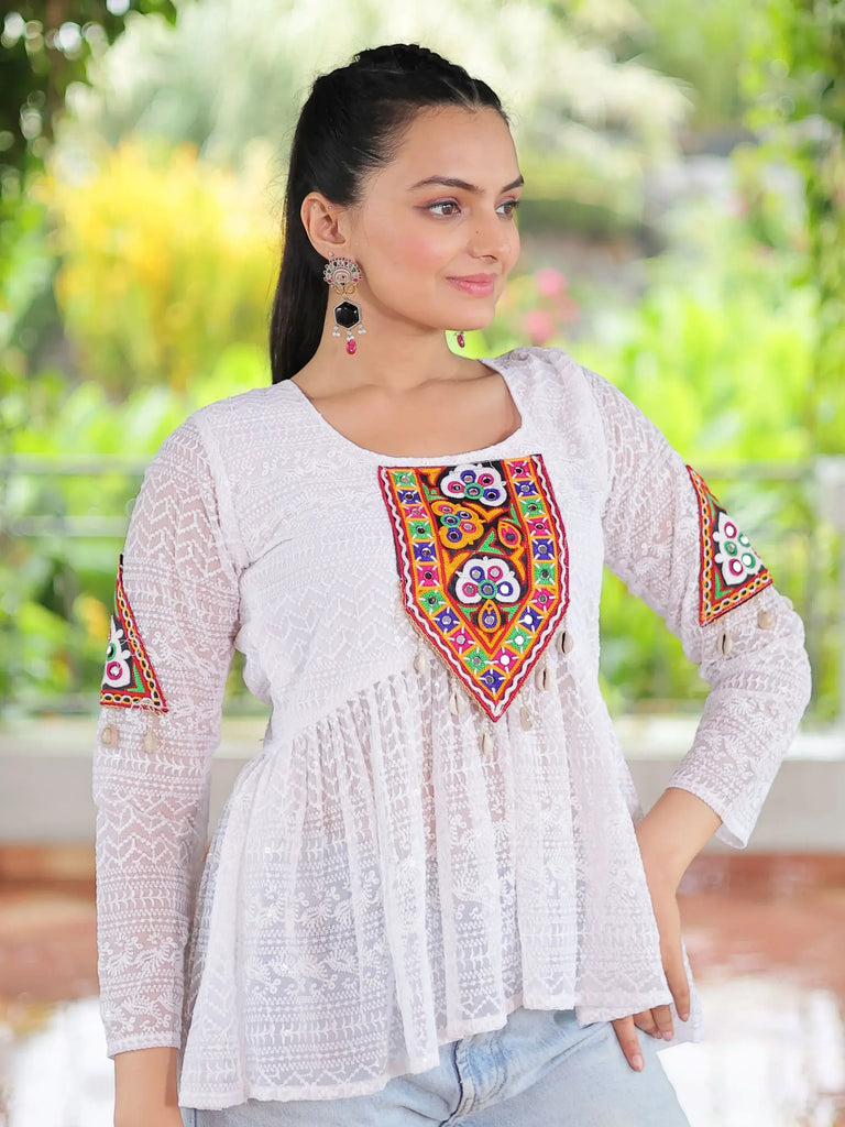 Timeless White Georgette Patch Work Navratri Wear Peplum Top