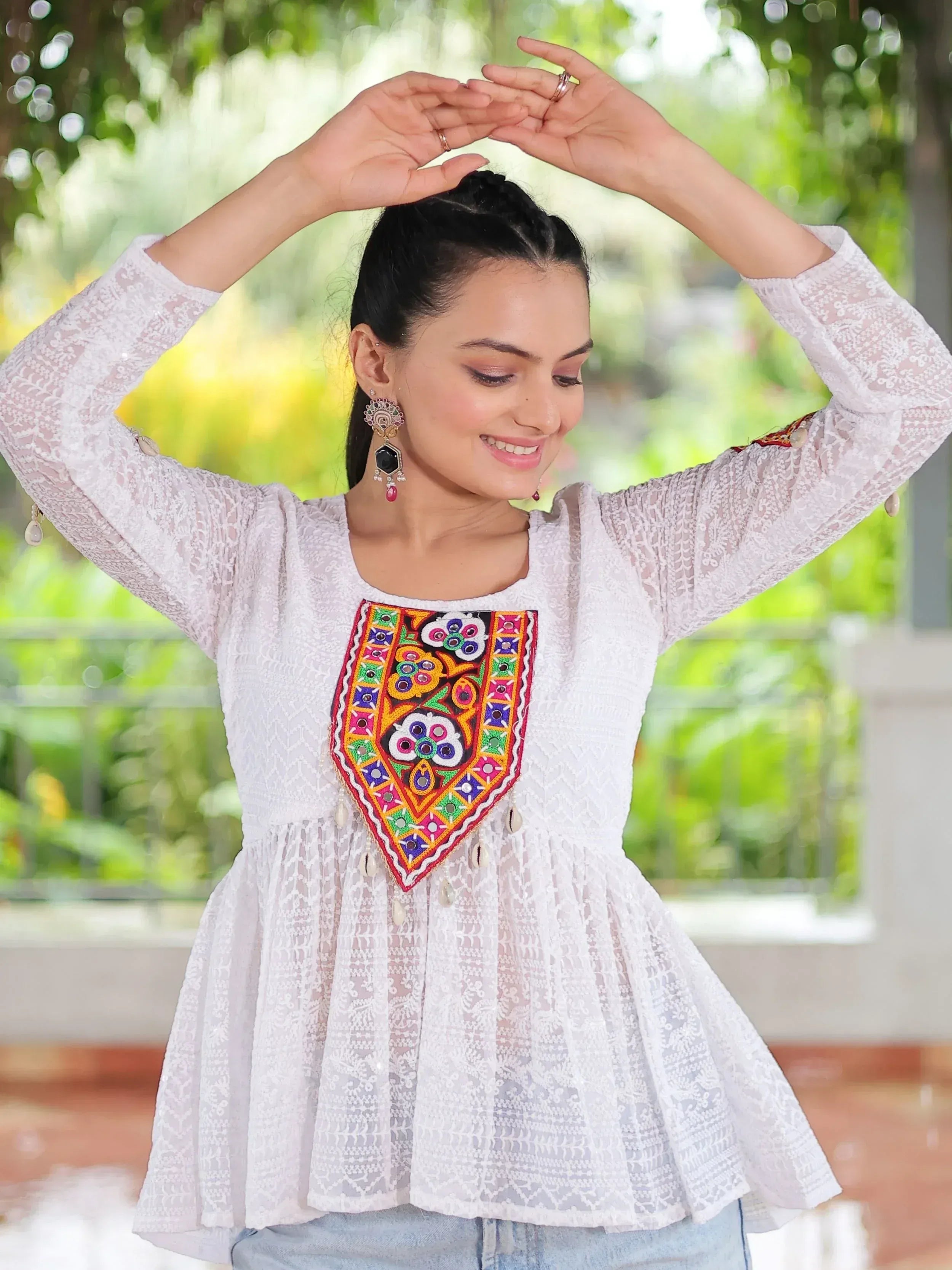 White lace top with colorful embroidered mirror work, ethnic Indian wear for women