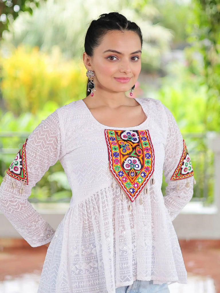 Timeless White Georgette Patch Work Navratri Wear Peplum Top