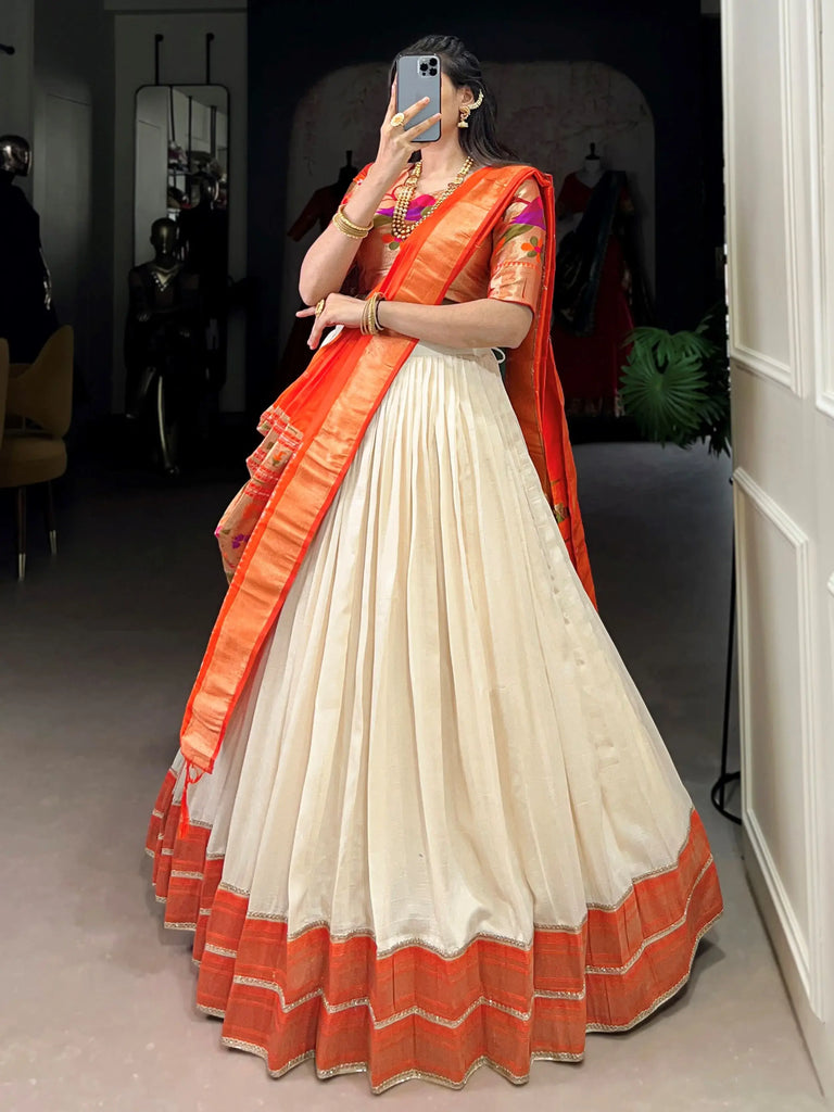 Stunning White Zari Weaving Vichitra Silk Lehenga Choli With Dupatta