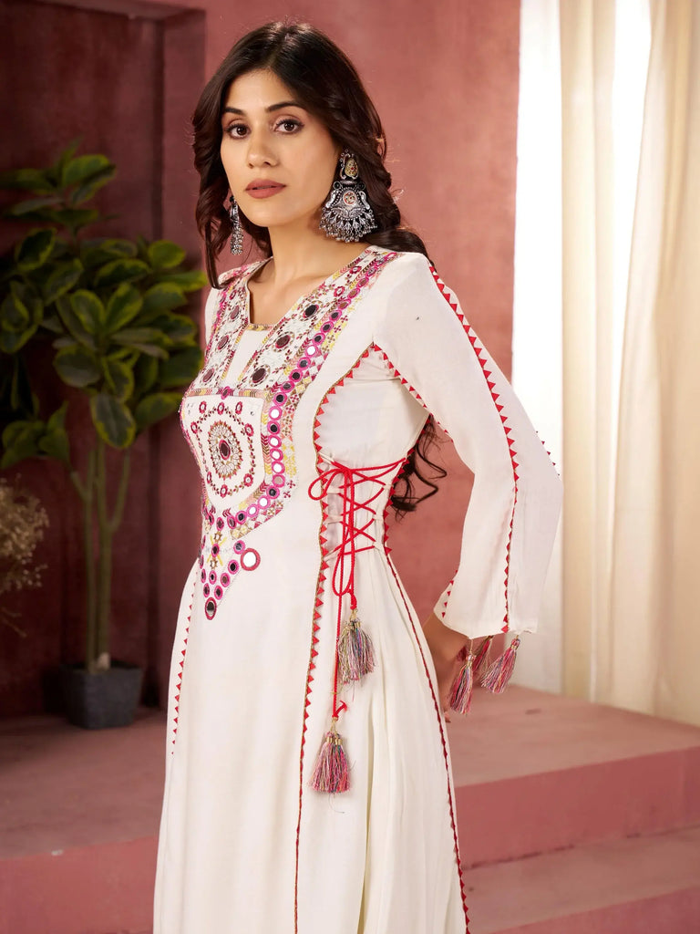 Glamorous White Rayon Mirror Work Navratri Wear Co-ord Set