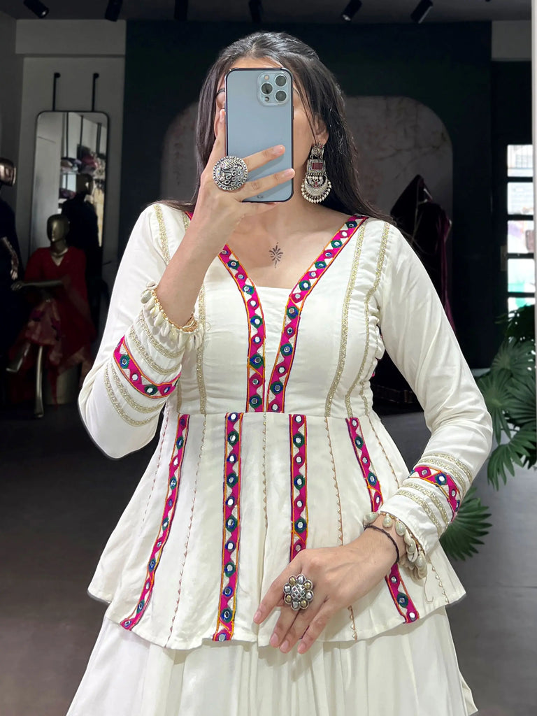 Astonishing White Lace Work Navratri Wear Peplum Top With Lehenga