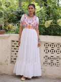 Awesome White Rayon Kutchi Gamthi Work Festival Wear Gown