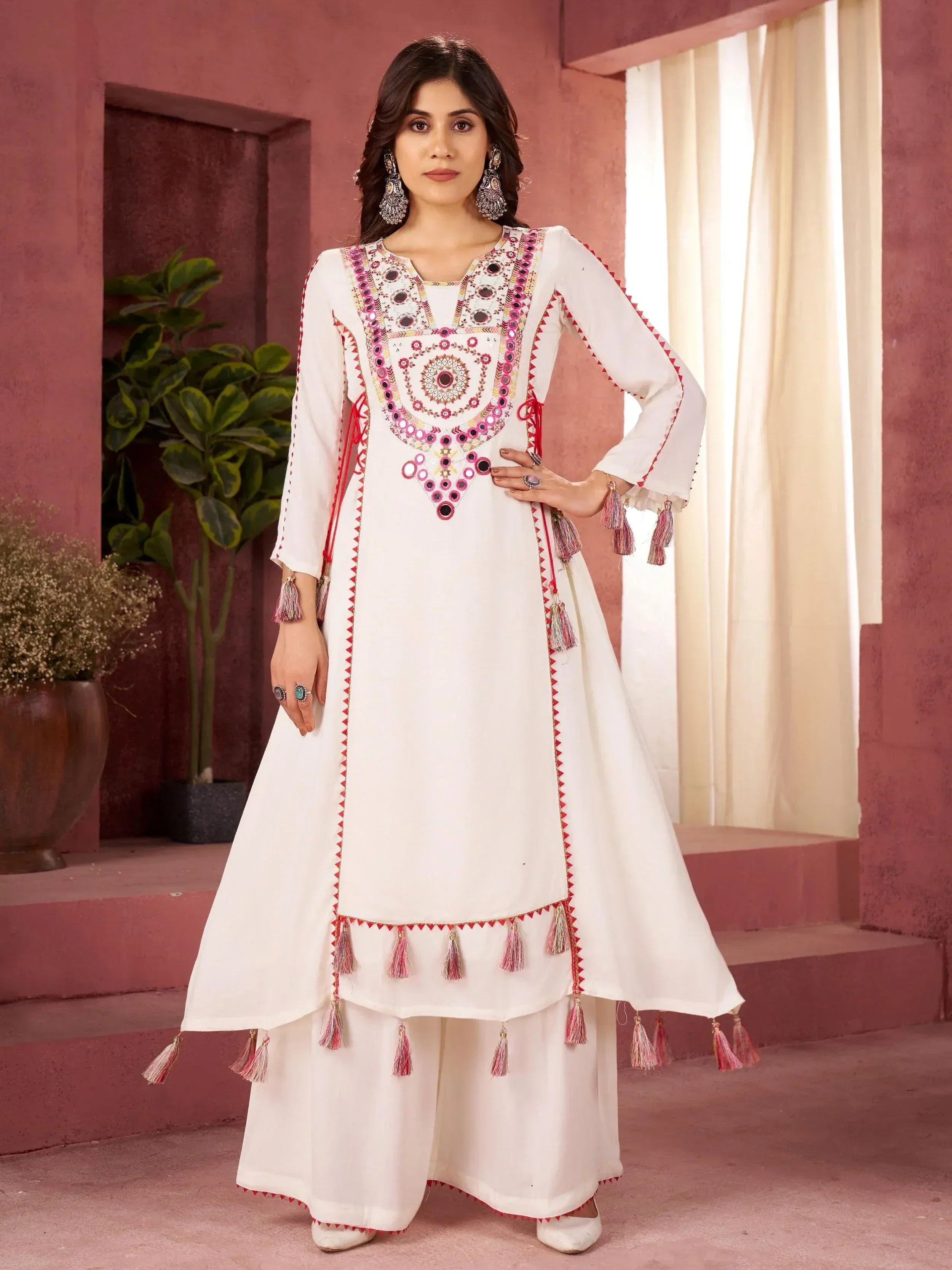 White embroidered salwar kameez with mirror work and tassels, Indian ethnic wear