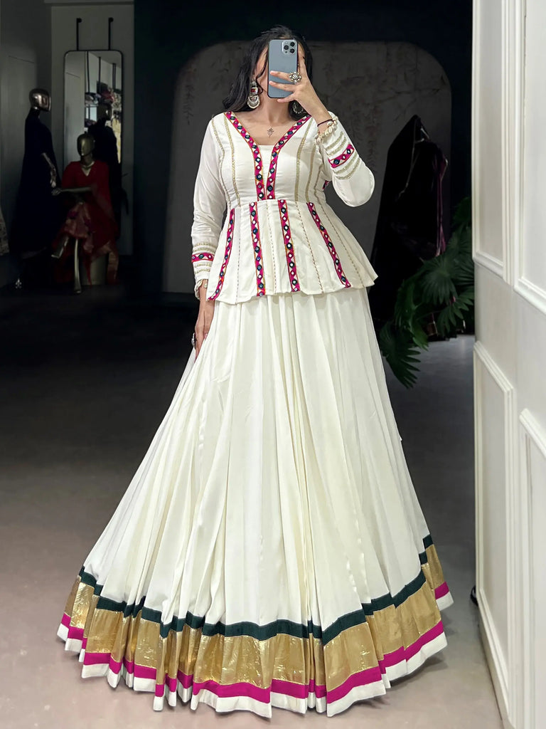 Astonishing White Lace Work Navratri Wear Peplum Top With Lehenga