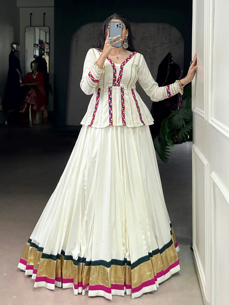 Astonishing White Lace Work Navratri Wear Peplum Top With Lehenga