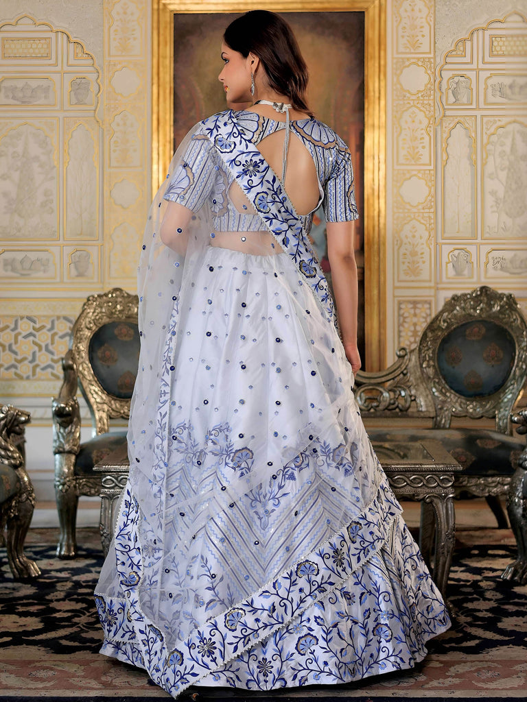 Graceful White Satin Thread Embroidered Party Wear Lehenga Choli