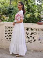 Awesome White Rayon Kutchi Gamthi Work Festival Wear Gown