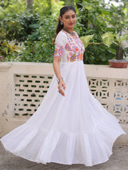 Awesome White Rayon Kutchi Gamthi Work Festival Wear Gown