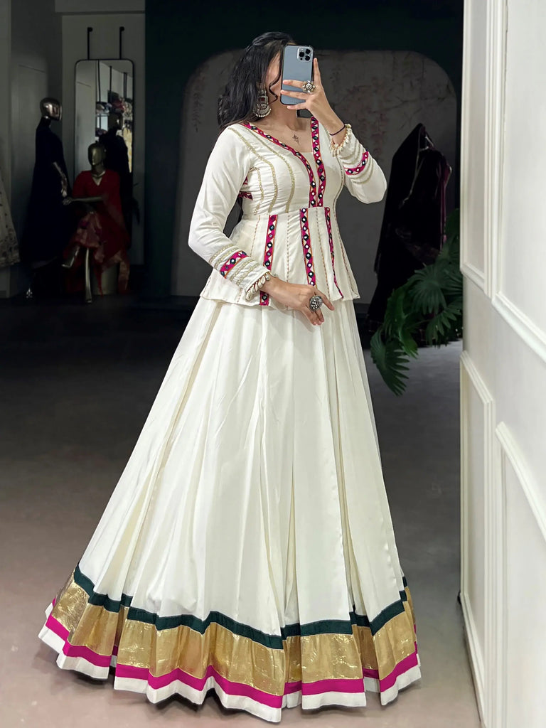 Astonishing White Lace Work Navratri Wear Peplum Top With Lehenga