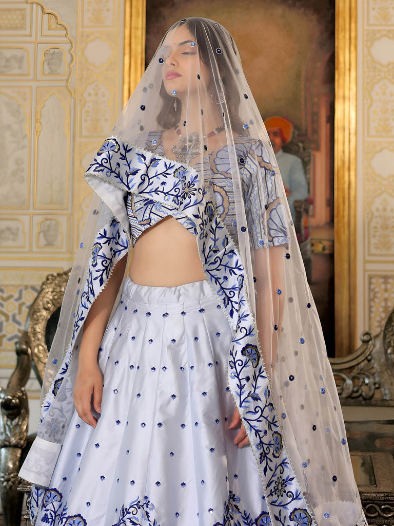 Graceful White Satin Thread Embroidered Party Wear Lehenga Choli