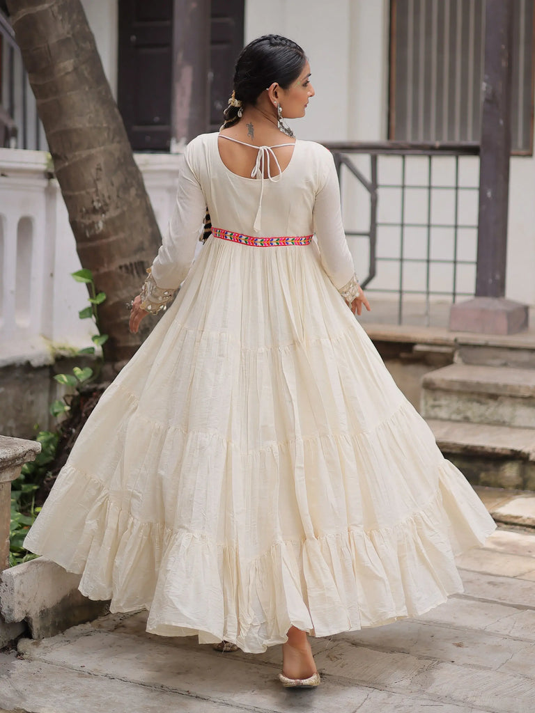 Alluring Off White Cotton Embroidered Navratri Special Gown